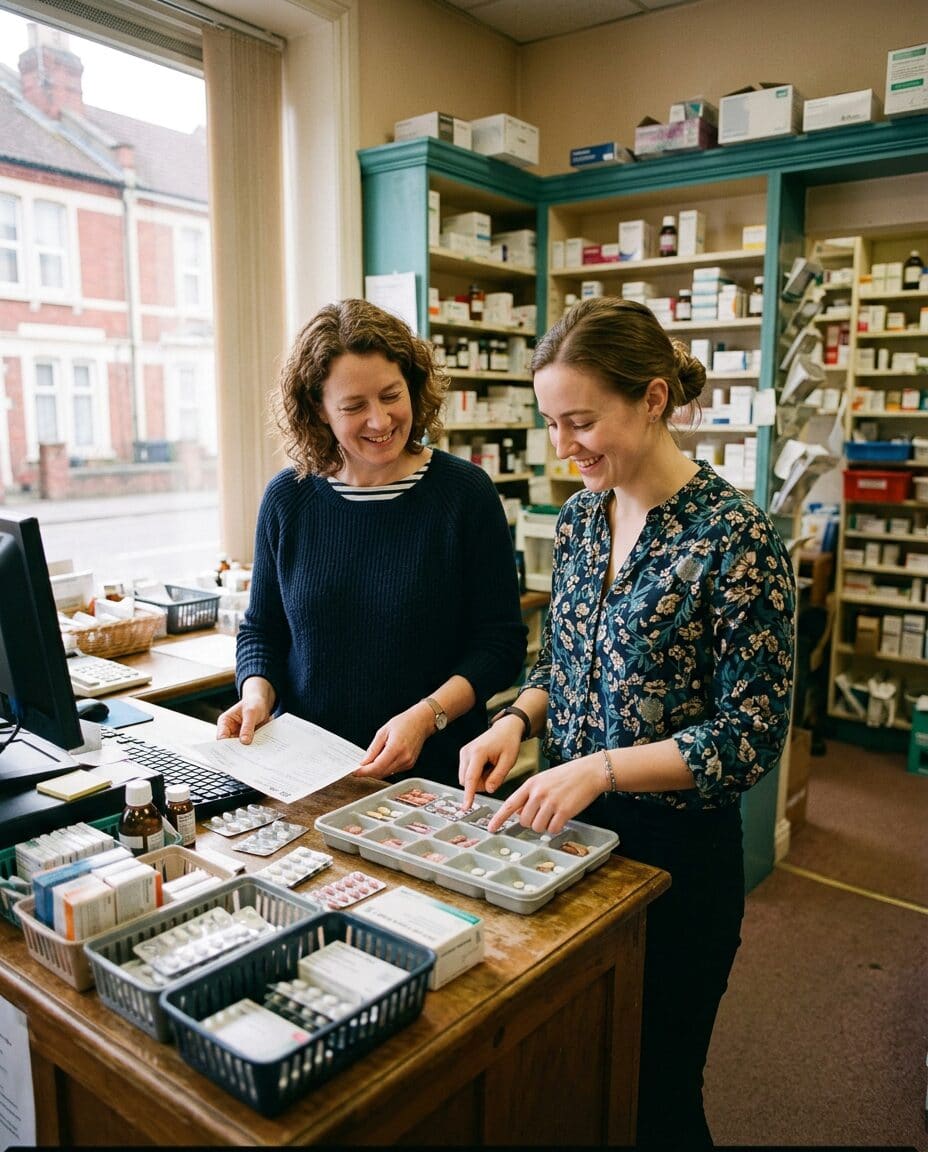Two pharmacy colleagues checking a medicine tray together