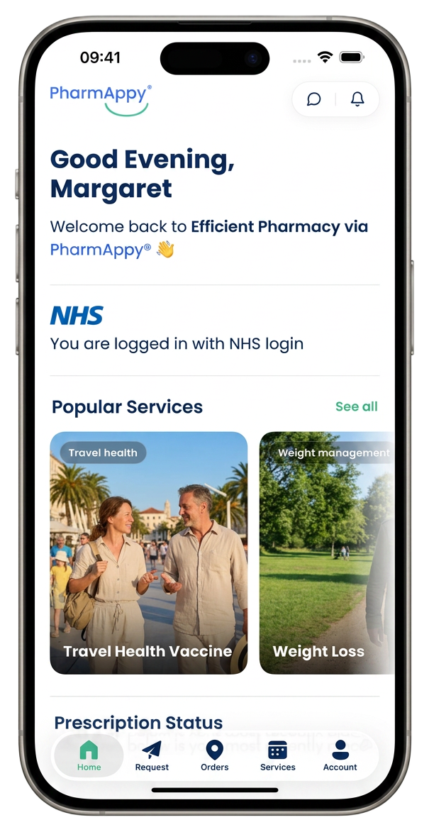 Bradley Stoke Pharmacy patient app showing prescription ordering on a phone
