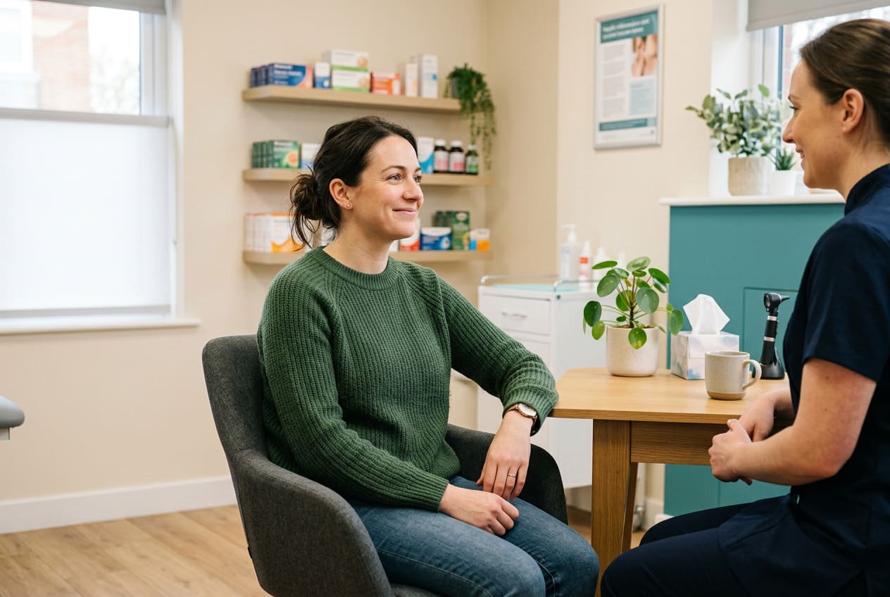 A relaxed patient sitting in a bright pharmacy consultation room during an ear health appointment