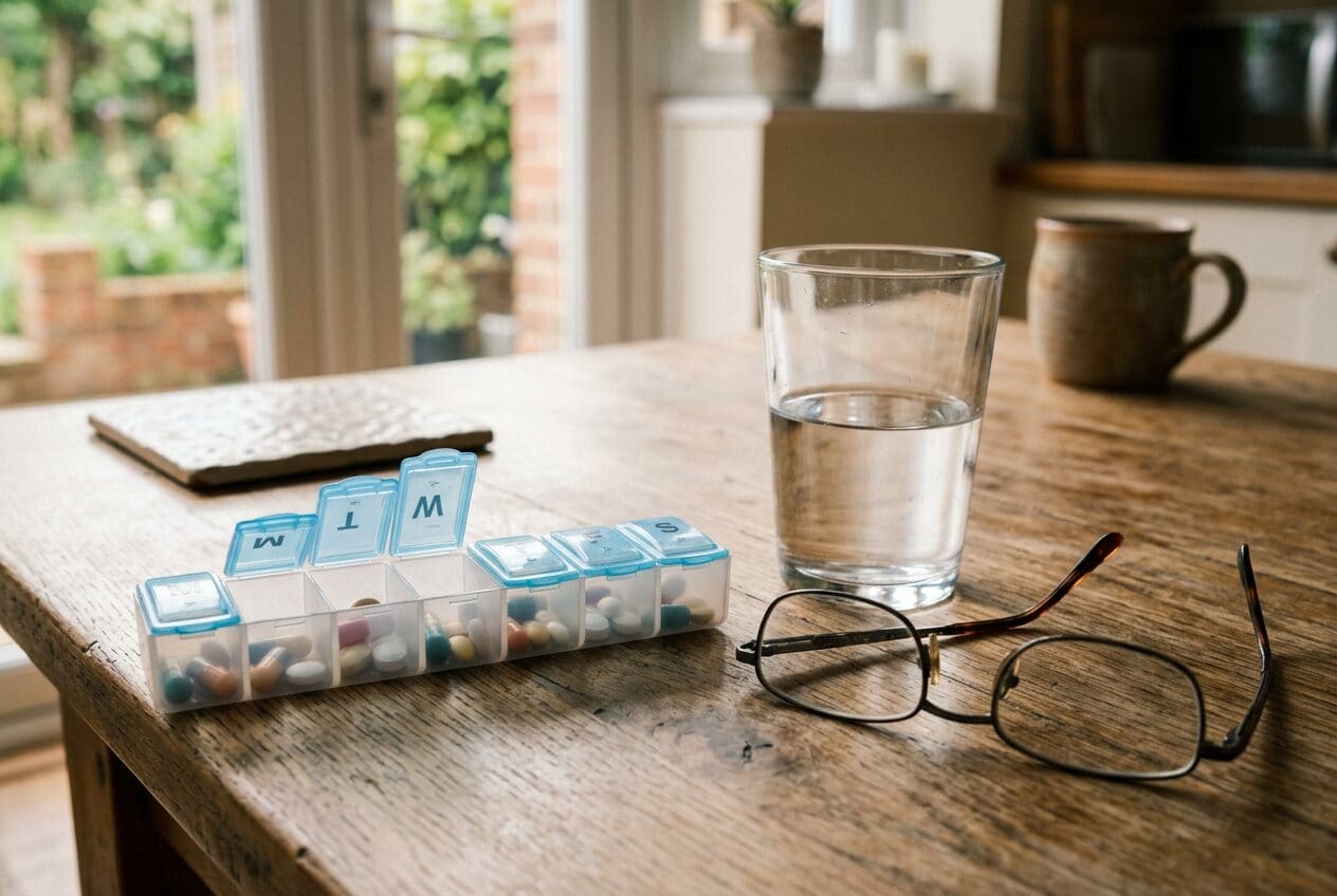 A pill organiser beside a glass of water and a plain medicine box