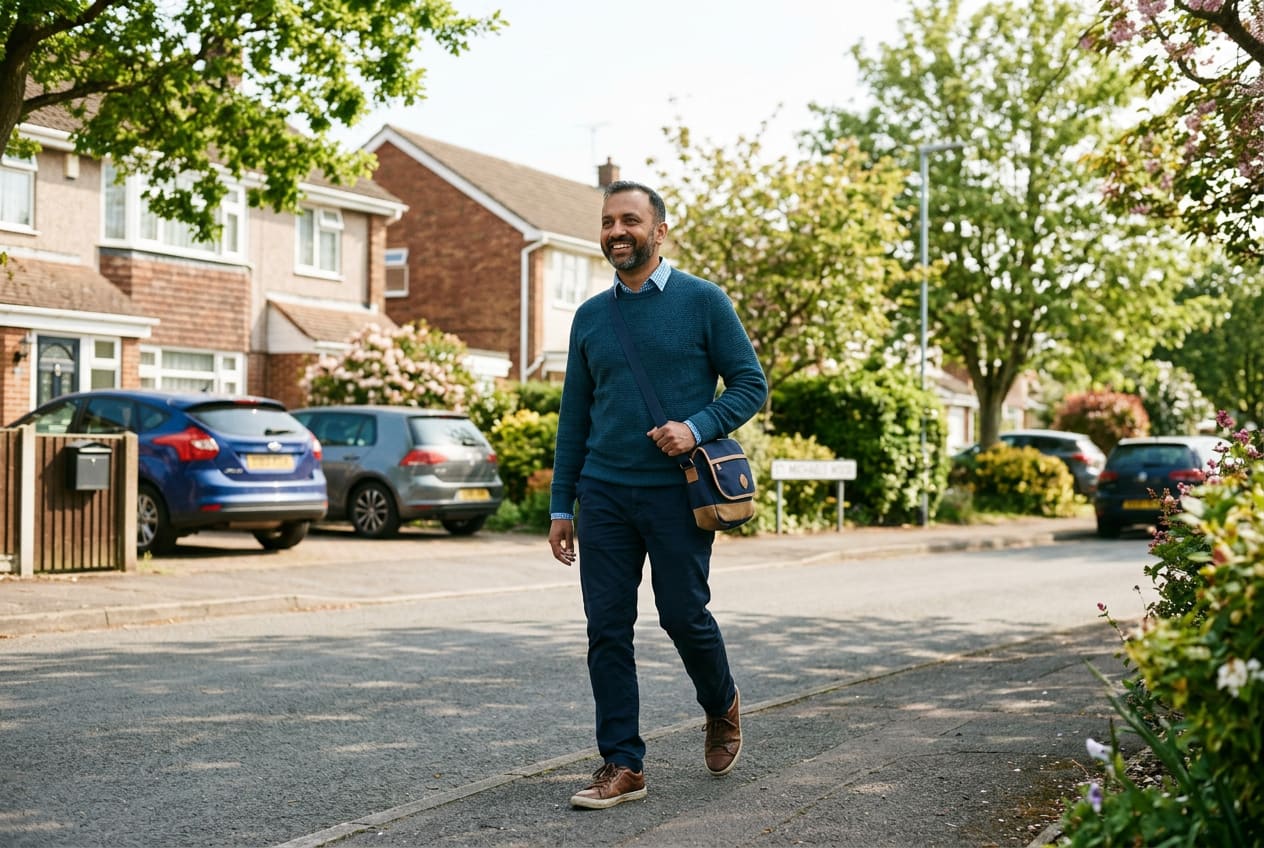 A confident man walking through a leafy Bristol neighbourhood on a bright morning