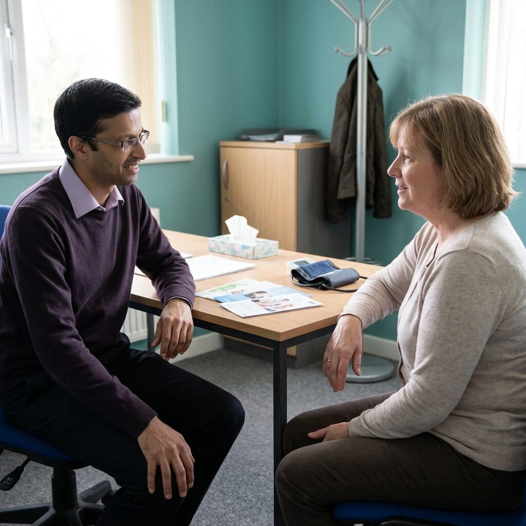 A pharmacist discussing treatment with a patient in a private consultation room