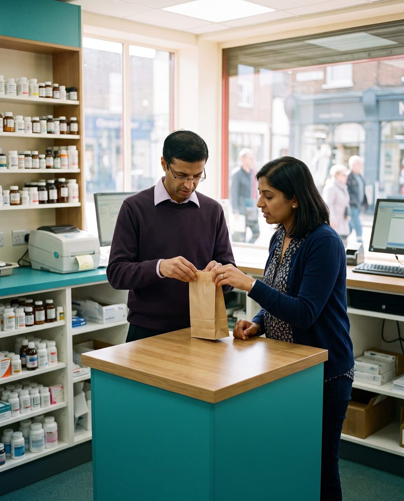 A local pharmacist helping a customer at the pharmacy counter