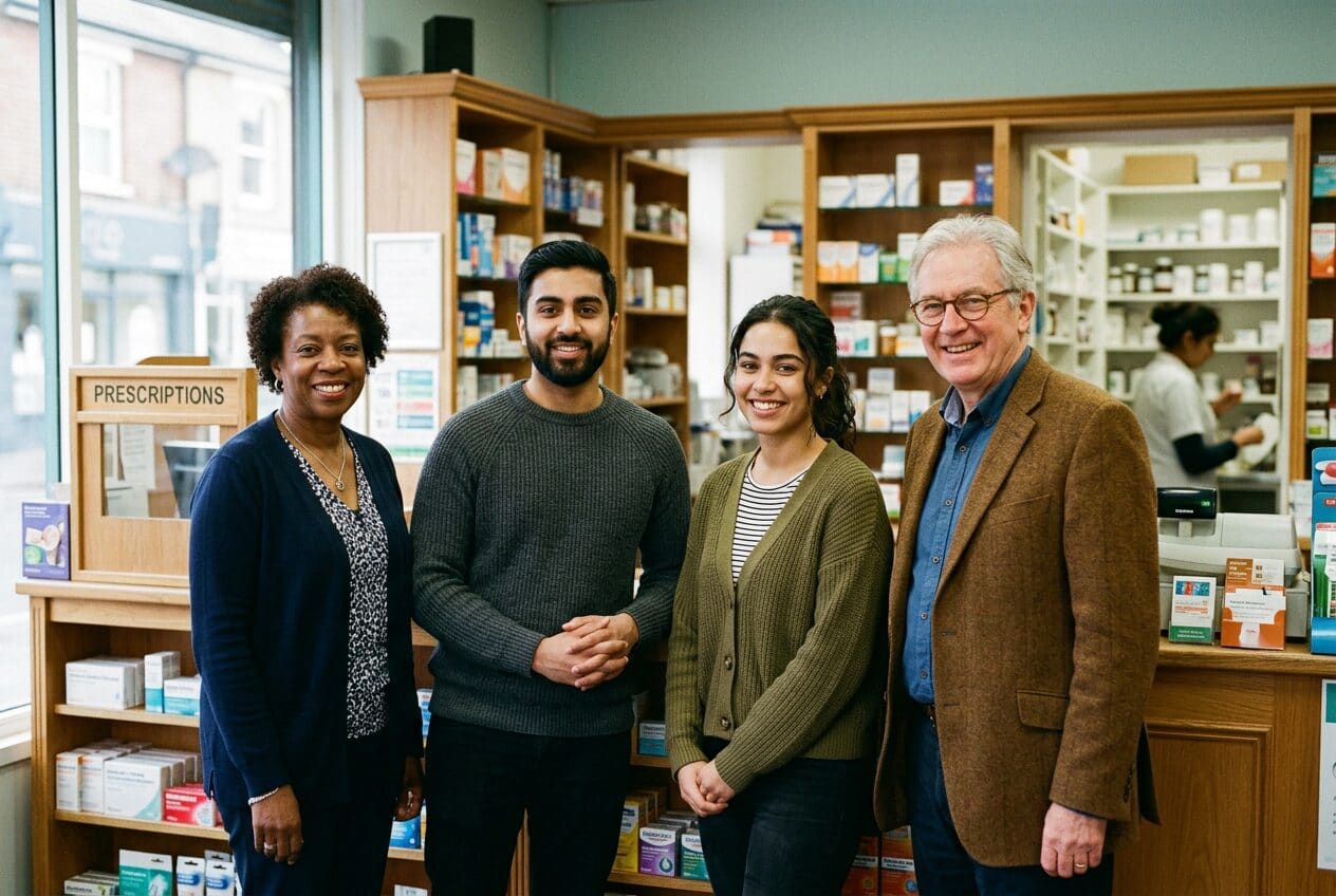 A community pharmacy team standing together in a bright independent pharmacy