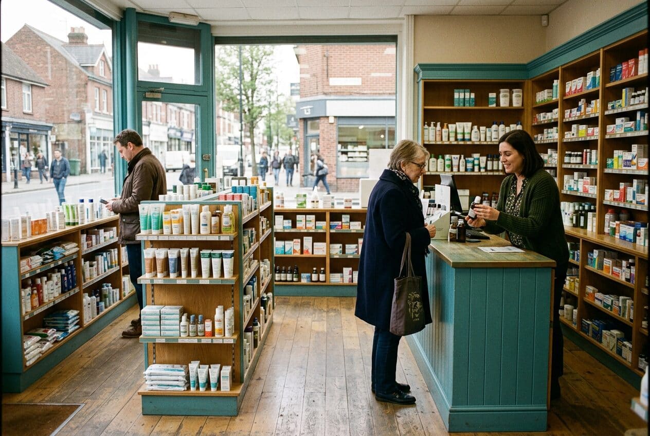 A patient waiting in a bright independent community pharmacy