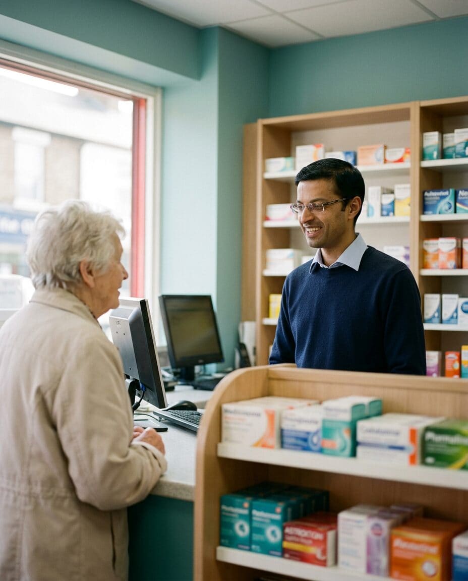 A pharmacist speaking with a patient at the counter