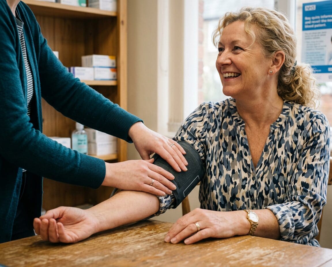 A pharmacy team member taking a patient's blood pressure