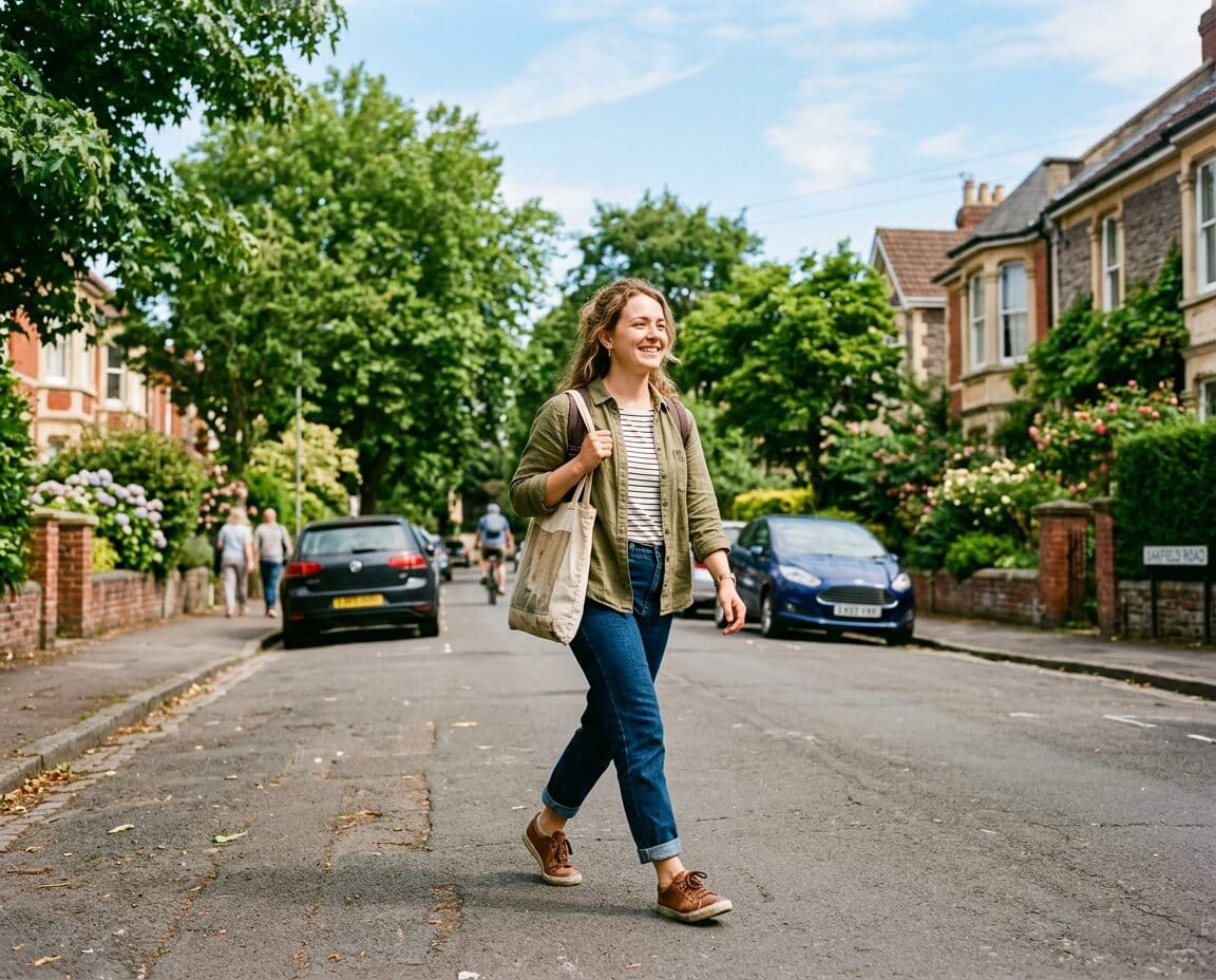 A woman walking through a residential Bristol neighbourhood