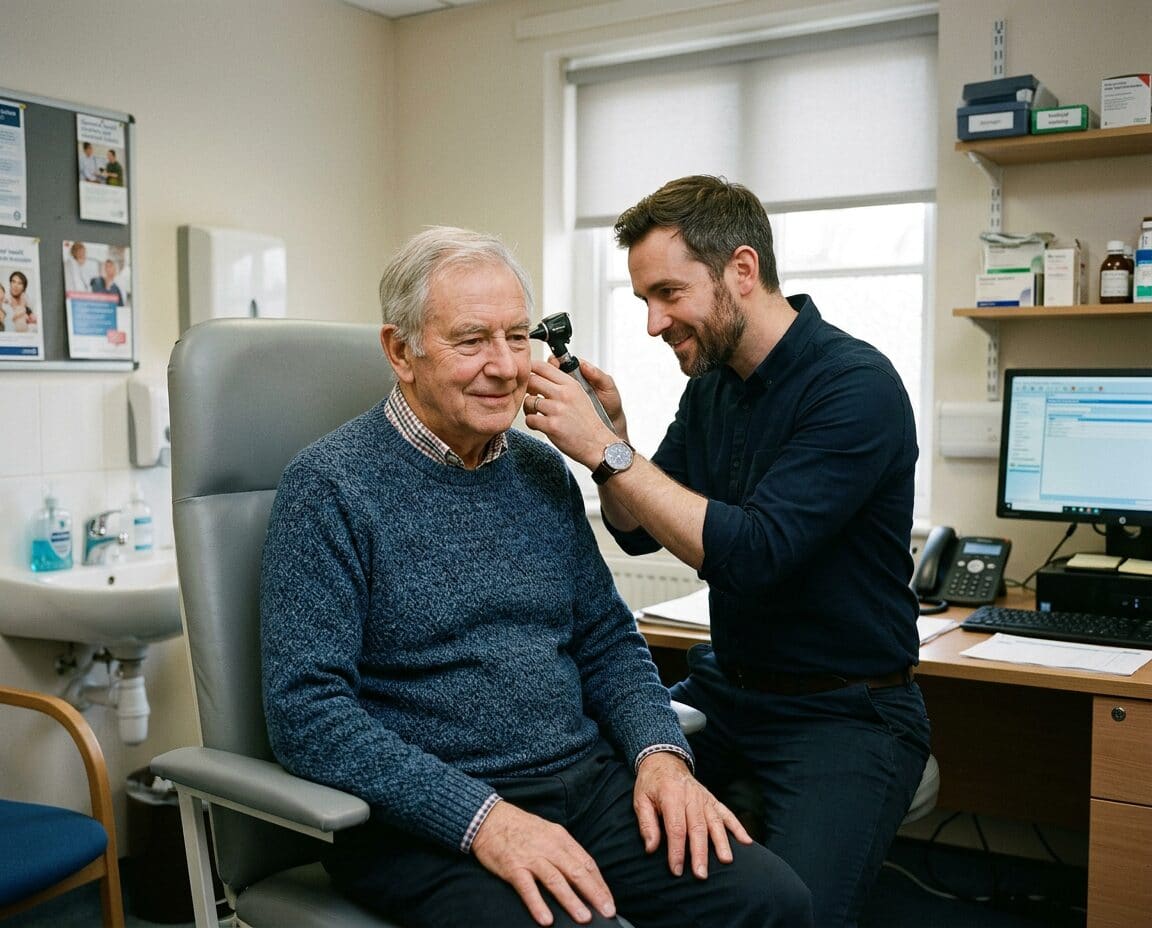 A patient having his ear examined in a local consultation room