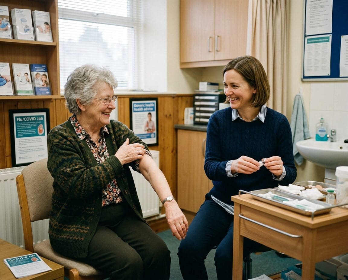An older patient receiving a vaccination in a local consultation room