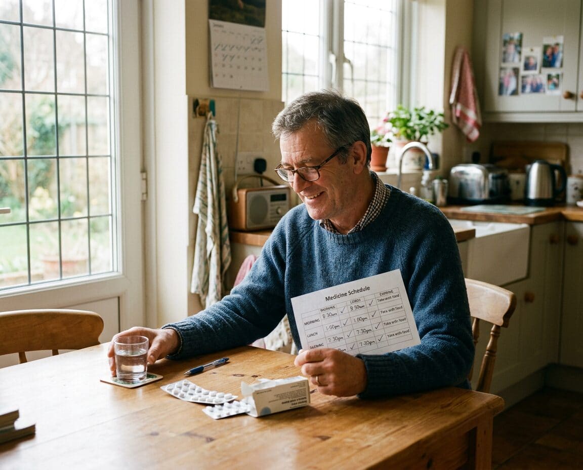 A patient reviewing his medicine routine at home