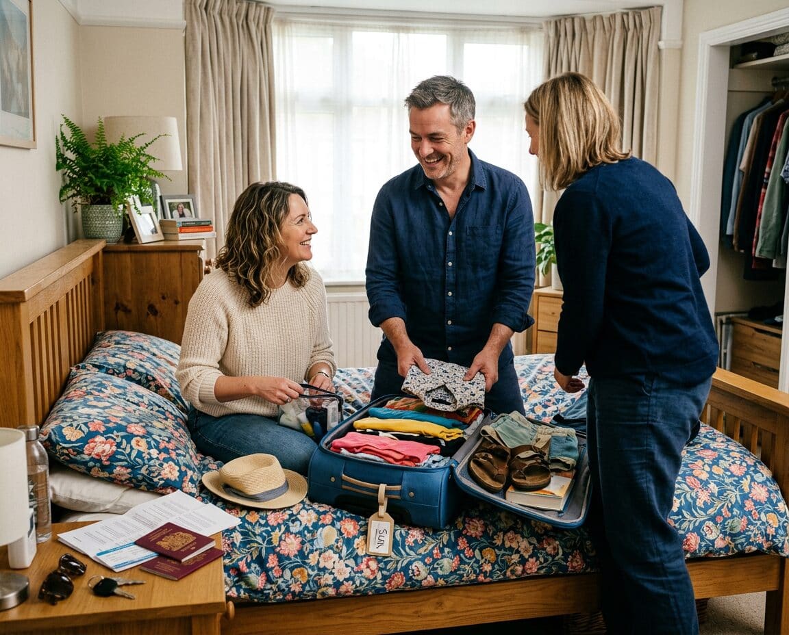 A couple packing together for a trip in their UK home